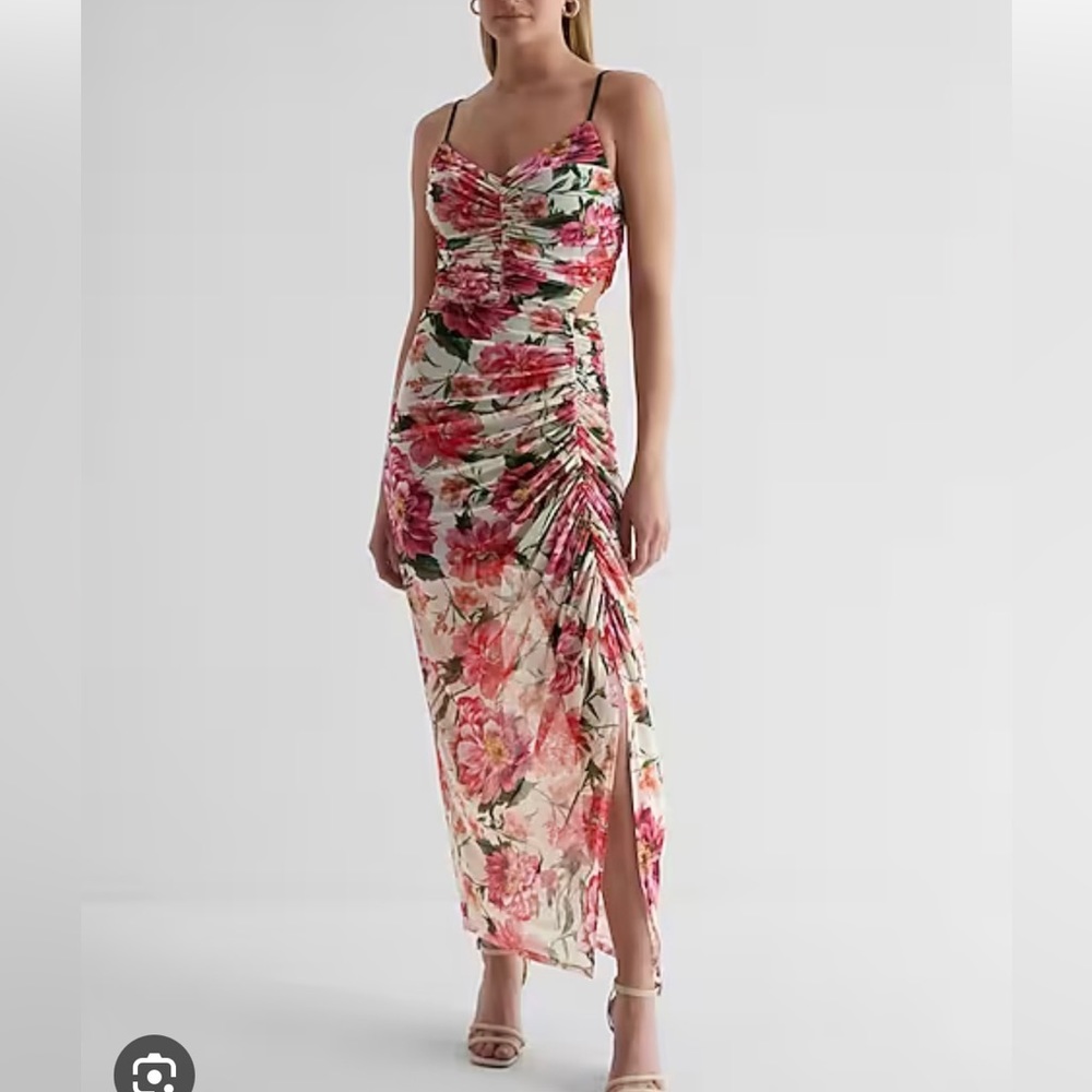 Express Floral Mesh V-Neck Side Cut-out Ruched Dress with Bra Cups XL